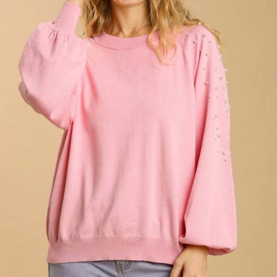 Umgee Round Neck Pullover Sweater With Long Sleeve Pearl Details In Pink