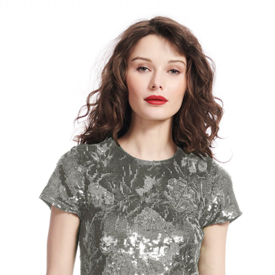 Emily Shalant Sequin Floral Top With Embroidery And Beading In Grey
