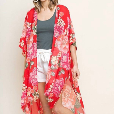 Umgee Floral Sheer Kimono In Red