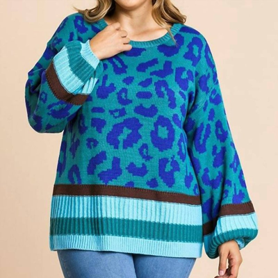 Umgee Plus Animal Print Tunic Sweater In Teal Mix In Blue