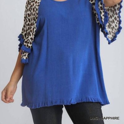 Umgee Linen Blend Animal Print Layered Bell Sleeve Plus Top In Blue