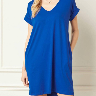 Entro Tee Shirt Dress With Rolled Sleeves And Pockets In Blue