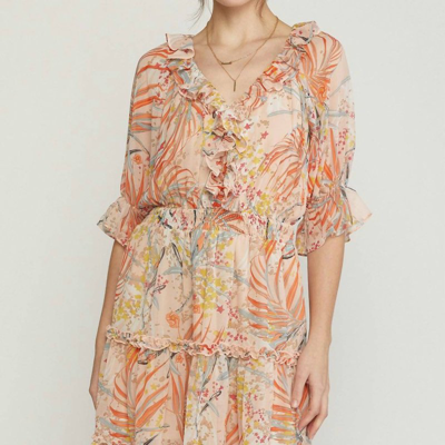Entro Print Dress With Ruffle Detail And Smocked Waist In Coral In Multi