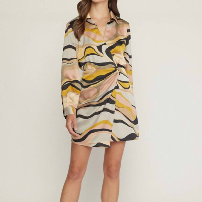 Entro Swirl Print V-neck Wrap Style Mini Dress In Grey Blush In Yellow