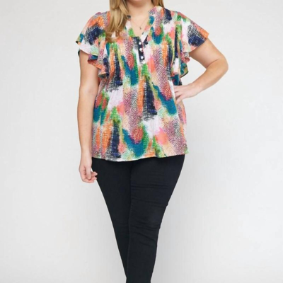 Entro V-neck Ruffle Sleeve Top In Multi