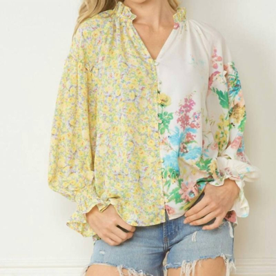 Entro Floral Contrast Print V-neck Blouse In Lemon And Green In Yellow
