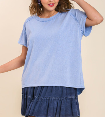 Umgee Mineral Wash Linen Blend Round Neck Short Sleeve T-shirt In Blue