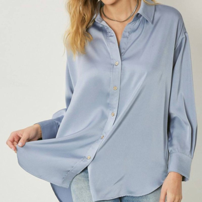 Entro Satin Button Up Collared Top In Blue