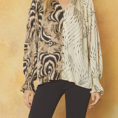 Entro Contrast Print V-neck Blouse In Mocha And Ecru In Multi