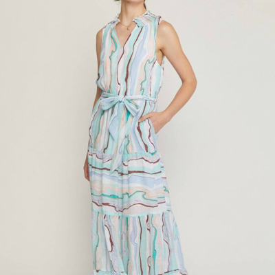 Entro Sleeveless Tiered Maxi Dress In Green Abstract Print In Blue