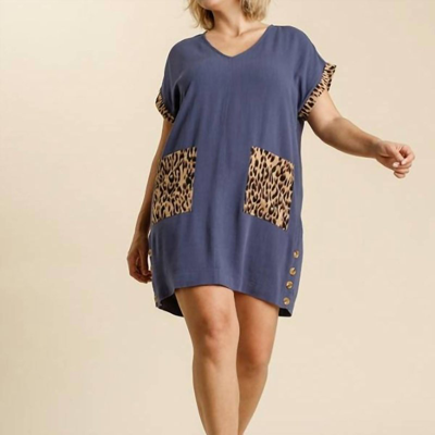 Umgee Denim Linen Plus Dress With Animal Print Pockets In Blue