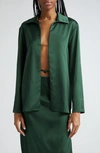 Jacquemus La Chemise Notte Logo Charm Open Front Stretch Satin Blouse In Dark Green