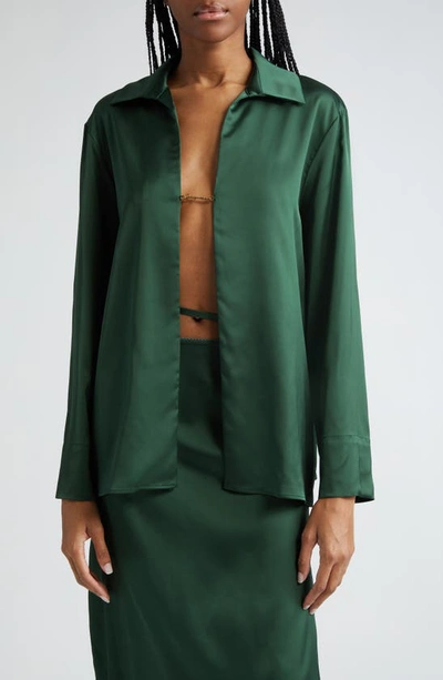 Jacquemus La Chemise Notte Logo Charm Open Front Stretch Satin Blouse In Dark Green