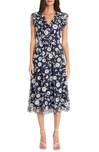 Maggy London Floral Mesh Overlay Dress In Navy/ Black/ White