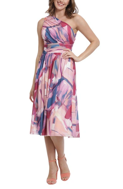 Maggy London Print Ruched One-shoulder Dress In White/ Pink