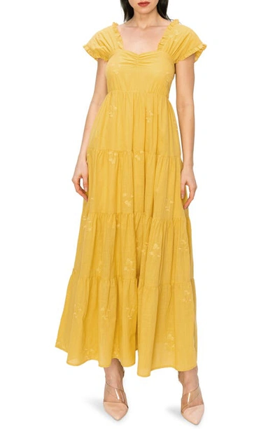 Melloday Embroidered Smocked Tiered Maxi Dress In Yellow