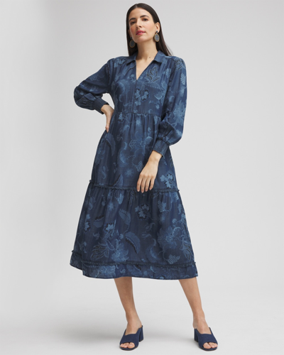 Chico's Chambray Fray Trim Tunic Dress In Blue