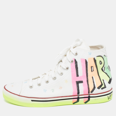 Pre-owned Vetements White Canvas Printed Hard Core Happiness High Top Trainers Size 41