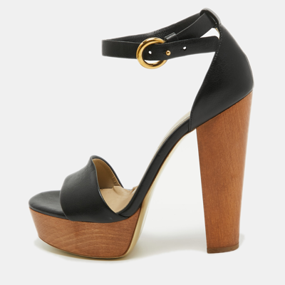 Pre-owned Stella Mccartney Black Faux Leather Wooden Platform Ankle Strap Sandals Size 40