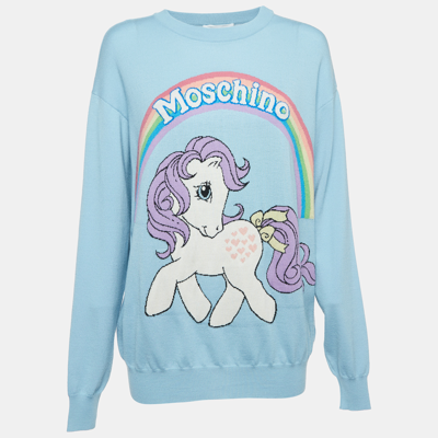 Pre-owned Moschino X My Little Pony Blue Logo Intarsia Knit Sweater M