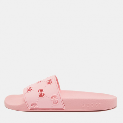 Pre-owned Gucci Pink Rubber Gg Laser Cut Slides Size 39