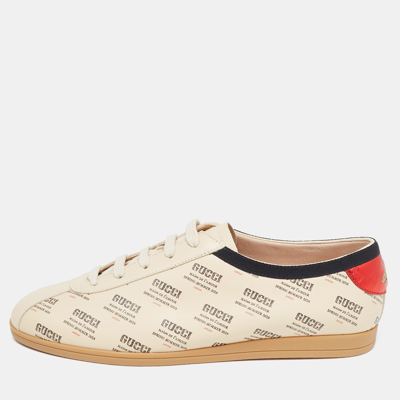 Pre-owned Gucci Beige Invite Print Leather Falacer Trainers Size 40