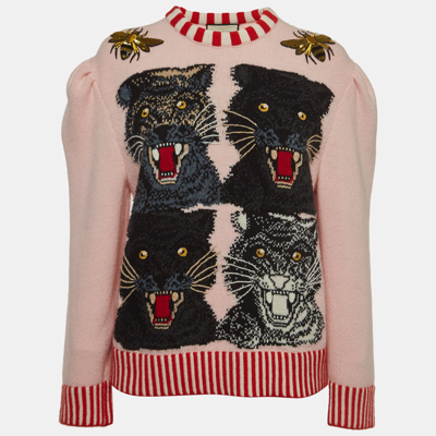 Pre-owned Gucci Pink Wool Tiger Intarsia Embellished Jumper M