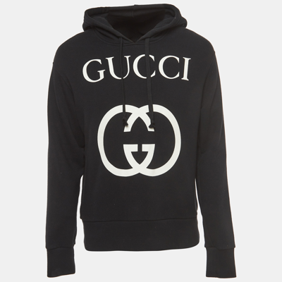 Pre-owned Gucci Black Logo Printed Cotton Knit Hooded Sweatshirt Xs