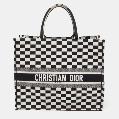 Pre-owned Dior Black/white Checkered Embroidered Canvas Large Book Tote