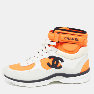 Pre-owned Chanel Neon Orange/white Neoprene And Leather Cc High Top Sneakers Size 40.5