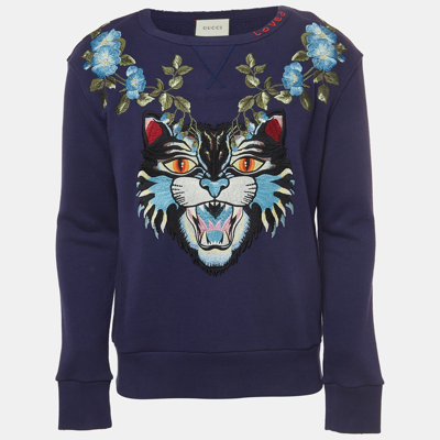 Pre-owned Gucci Blue Embroidered Cotton Crewneck Sweatshirt Xs