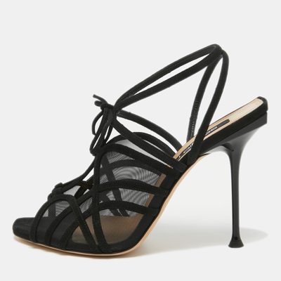 Pre-owned Sergio Rossi Black Suede And Mesh Ankle Strap Sandals Size 40