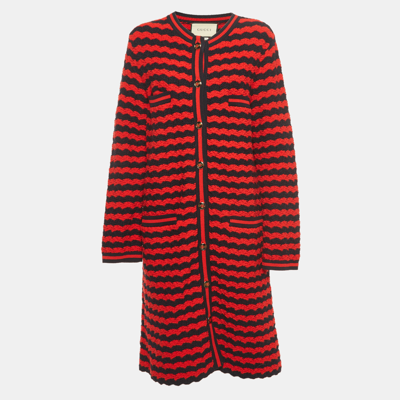 Pre-owned Gucci Red Striped Knit Long Cardigan M