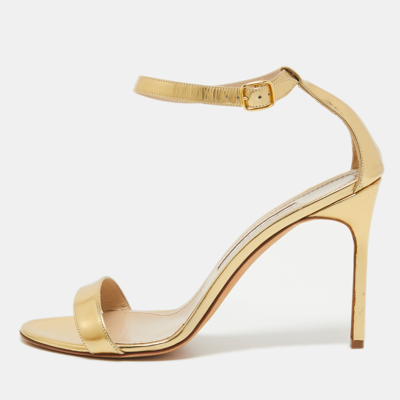 Pre-owned Manolo Blahnik Gold Leather Ankle Strap Sandals Size 40