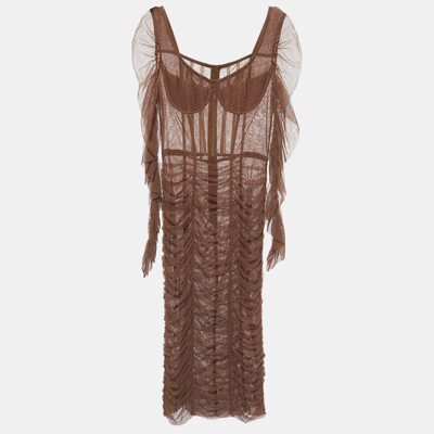 Pre-owned Dolce & Gabbana Brown Tulle Ruched Long Dress L