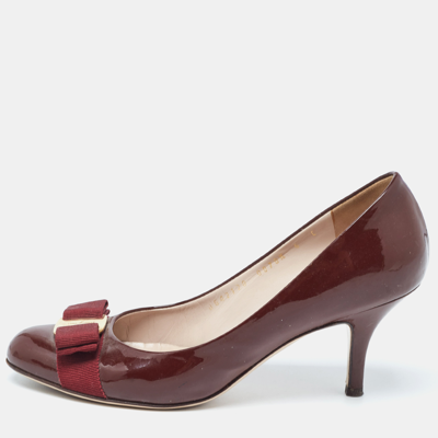 Pre-owned Ferragamo Burgundy Patent Vara Bow Pumps Size 36.5