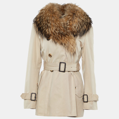 Pre-owned Carolina Herrera Beige Gabardine & Fur Detail Collar Trench Coat L