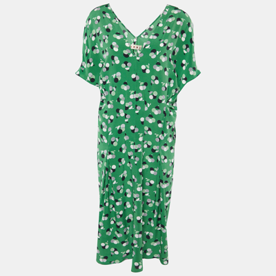 Pre-owned Marni Green Print Silk V-neck Pleated Short Dress M