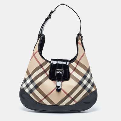 Pre-owned Burberry Beige/black Nova Check Pvc And Patent Leather Brooke Hobo