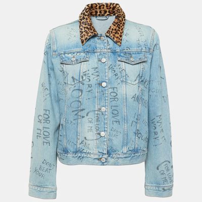 Pre-owned Gucci Blue Printed Cow Fur Trimmed Denim Jacket L