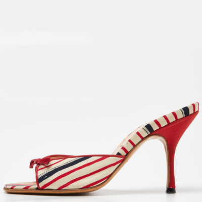 Pre-owned Prada Tri Colour Stripe Fabric Bow Slide Sandals Size 35 In Multicolor