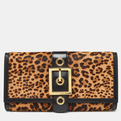 Pre-owned Gucci Brown/black Leopard Print Calfhair And Leather Lady Buckle Clutch