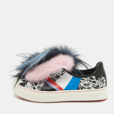 Pre-owned Fendi Multicolor Printed Leather And Faux Fur Flynn Sneakers Size 38