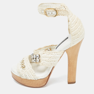 Pre-owned Dolce & Gabbana White Woven Lace Crystal Embellished Ankle Strap Sandals Size 37