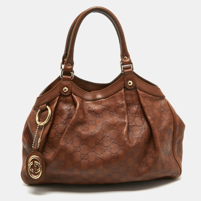 Pre-owned Gucci Ssima Leather Medium Sukey Tote In Brown