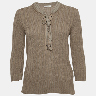 Pre-owned Chloé Dark Beige Wool And Linen Lace Tie Up Detail Jumper M