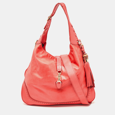 Pre-owned Gucci Coral Red Leather Large New Jackie Hobo