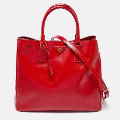 Pre-owned Prada Red Saffiano Patent Leather Double Handle Open Tote