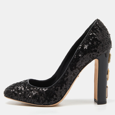 Pre-owned Dolce & Gabbana Black Sequins And Leather Block Heel Pumps Size 37.5