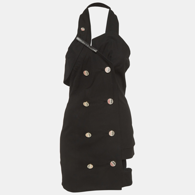 Pre-owned Anthony Vaccarello Black Cotton Halter Neck Button Detail Mini Dress S